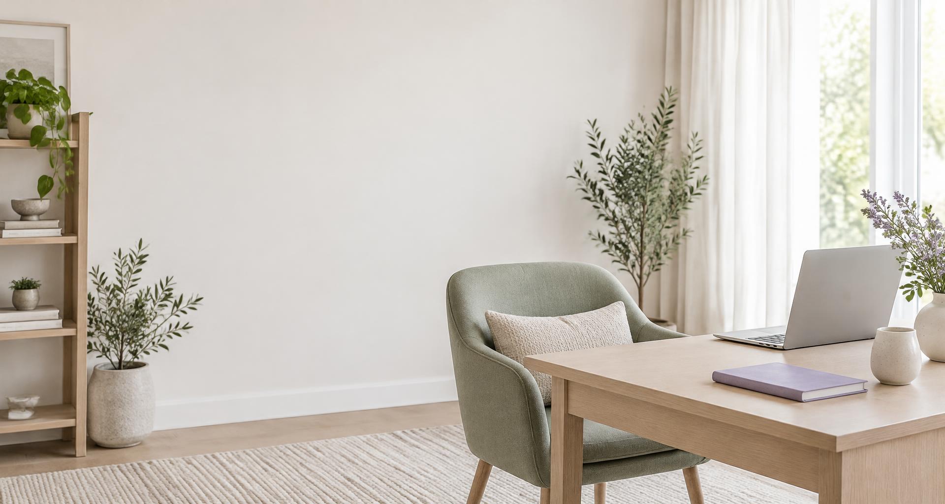 Consultório luminoso com poltrona verde-sálvia e mesa de trabalho